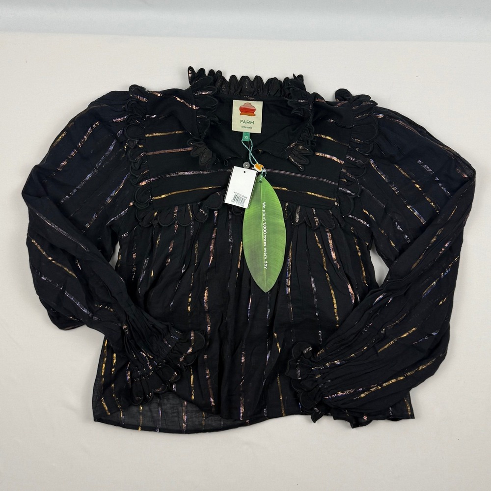 FARM Rio Black Metallic-Striped Ruffled Blouse